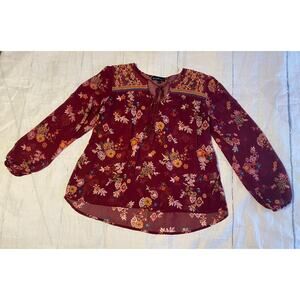 Derek‎ Heart Blouse Floral Boho Hippie Burgundy Women’s Size Medium